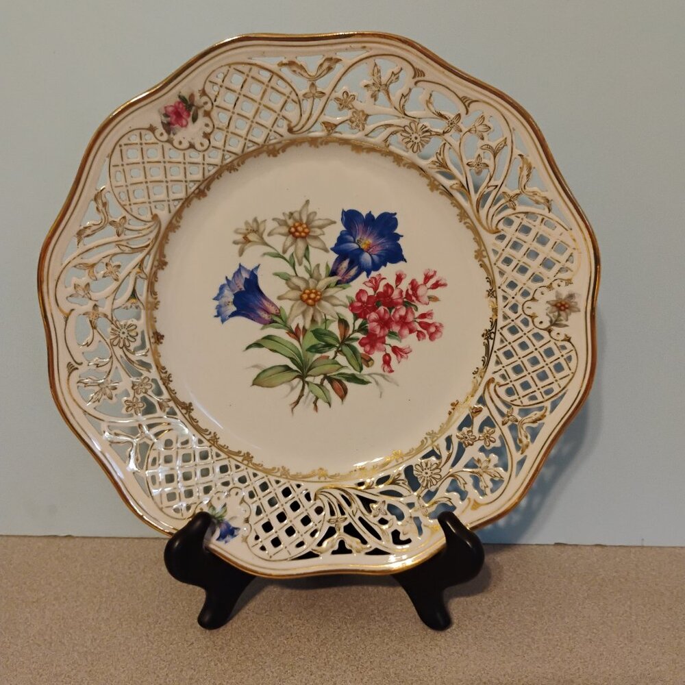 Schumann Germany Pierced Lace Round Plate, Floral Design, Vintage